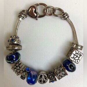 Vintage Brighton Silver Blue Peace Evil Eye 12 Charm Bead Bracelet